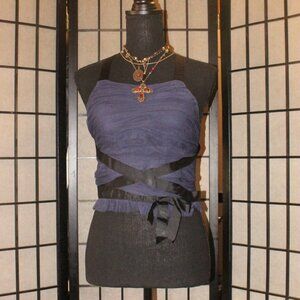 Women’s Top - Anthropologie Ruffle Chiffon Corset Style Dark Blue Top Black Bows